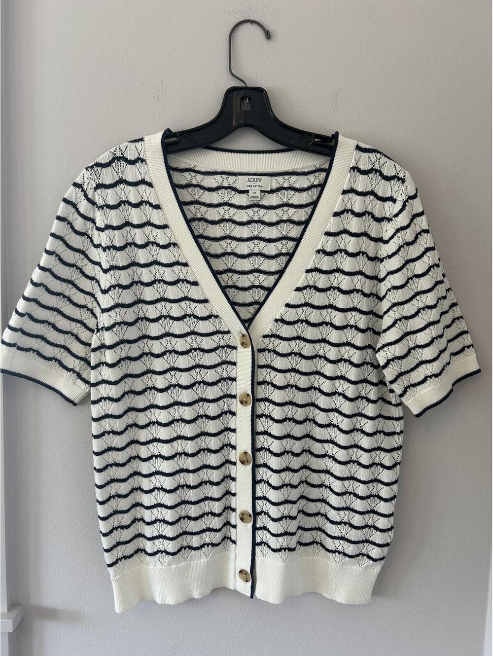 J. Crew White and Navy 100% Cotton Pointelle V-Neck Cardigan Sweater Size Medium